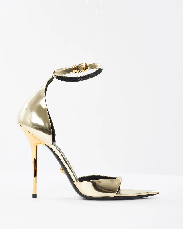 Versace Gold Patent Leather Ankle Strap Stiletto Sandals - 41