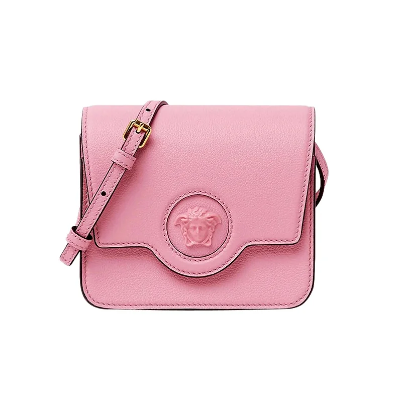 Versace La Medusa Logo Plaque Pink Pebbled Leather Crossbody Bag