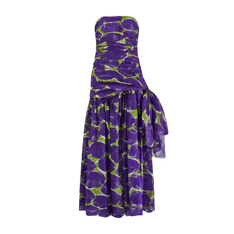 1984 Runway Yves Saint Laurent Purple and Green Printed Chiffon Dress