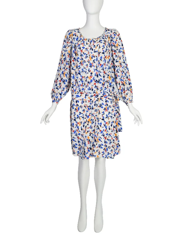 Yves Saint Laurent Vintage SS 1982 White Multicolor Abstract Print Silk Drop Waist Dress