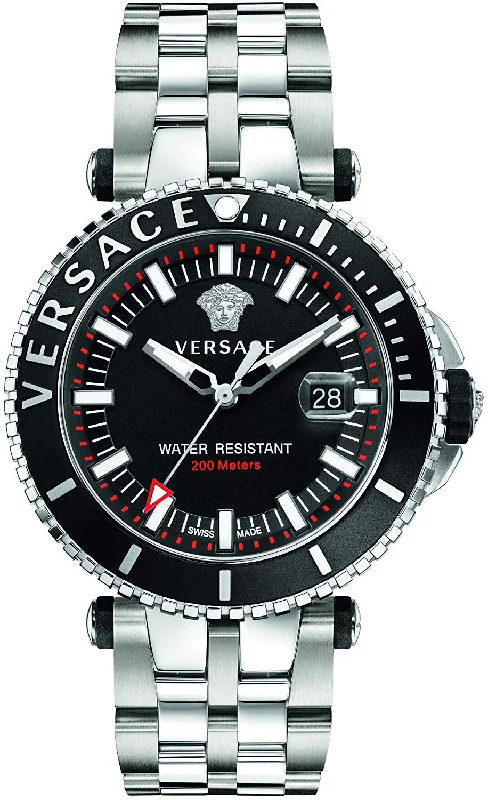 VERSACE V-RACE DIVER MEN'S WATCH SILVER STEEL BLACK DIAL 46MM VEAK00318