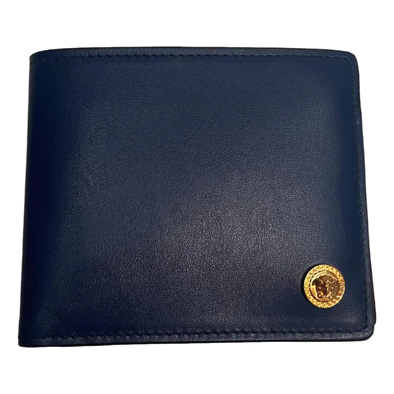 Versace La Medusa Logo Plaque Navy Blue Calf Leather Bifold Wallet