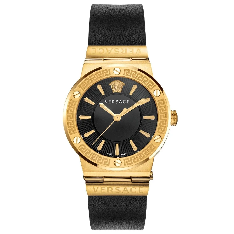 Versace Ladies Watch Greca Logo Gold Black Leather VEVH00320