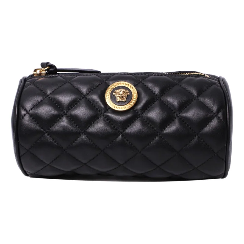 Versace Black Leather Medusa Quilted Cosmetic Bag