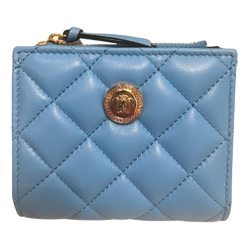 Versace La Medusa Blue Quilted Lamb Leather Compact Snap Wallet