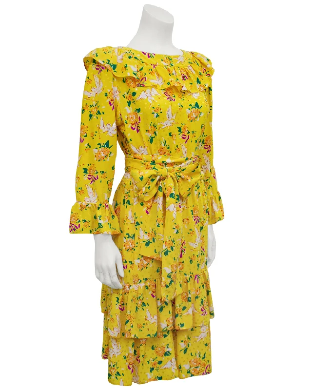 Yellow Floral & Cupid Silk Jacquard Dress