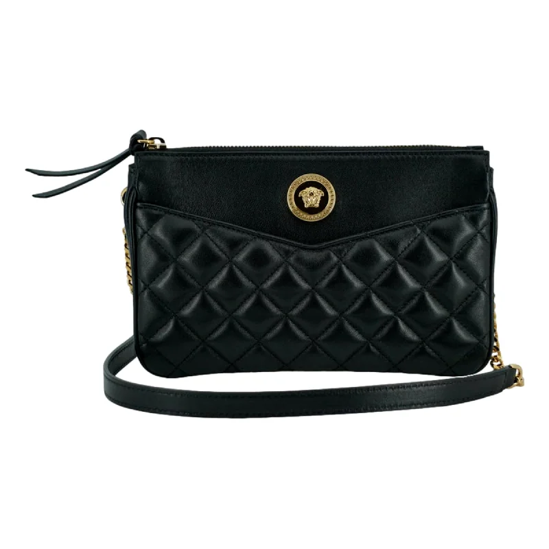 Versace La Medusa Womens Black Gold Quilted Leather Crossbody Bag