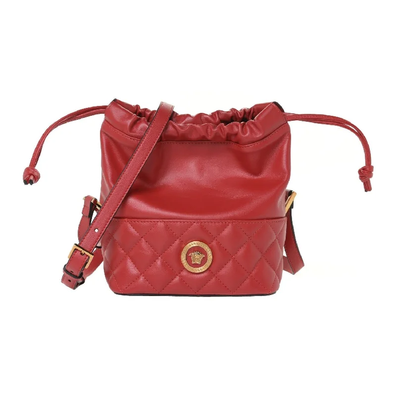 Versace Red Leather Medusa Quilted Drawstring Bucket Bag