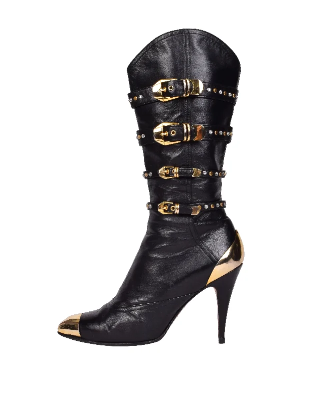 Gianni Versace Vintage AW 1992 Miss S&M Iconic Black Leather Studded Buckle Bondage Boots