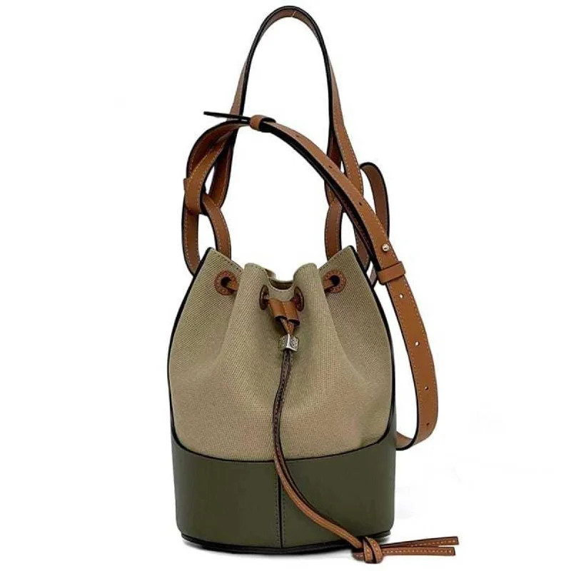 LOEWE 2way Bucket Bag Balloon Beige Khaki Anagram A710C31X30 f-19945 Leather Jacquard Canvas Handbag Bicolor Green Drawstring Women's