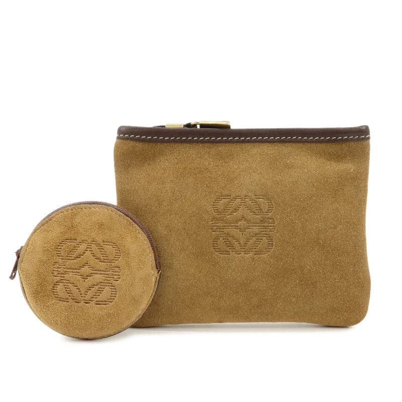 LOEWE Anagram Set of 2 Suede Leather Pouch Coin Case Brown