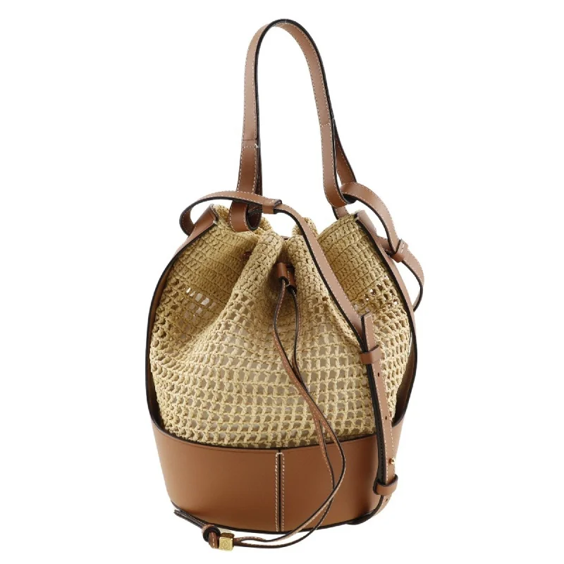 LOEWE Balloon Medium Bag Shoulder Raffia x Leather Natural Tan Brown 2way A5 Women's