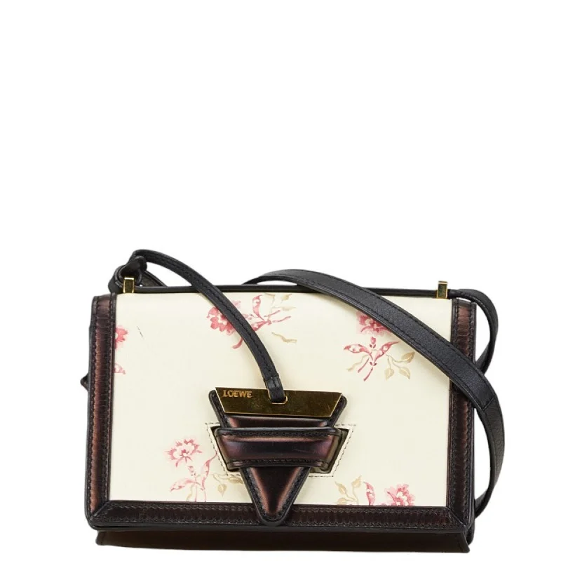 LOEWE Barcelona Flower Pattern Shoulder Bag 061612 Ivory White Black Leather Women's