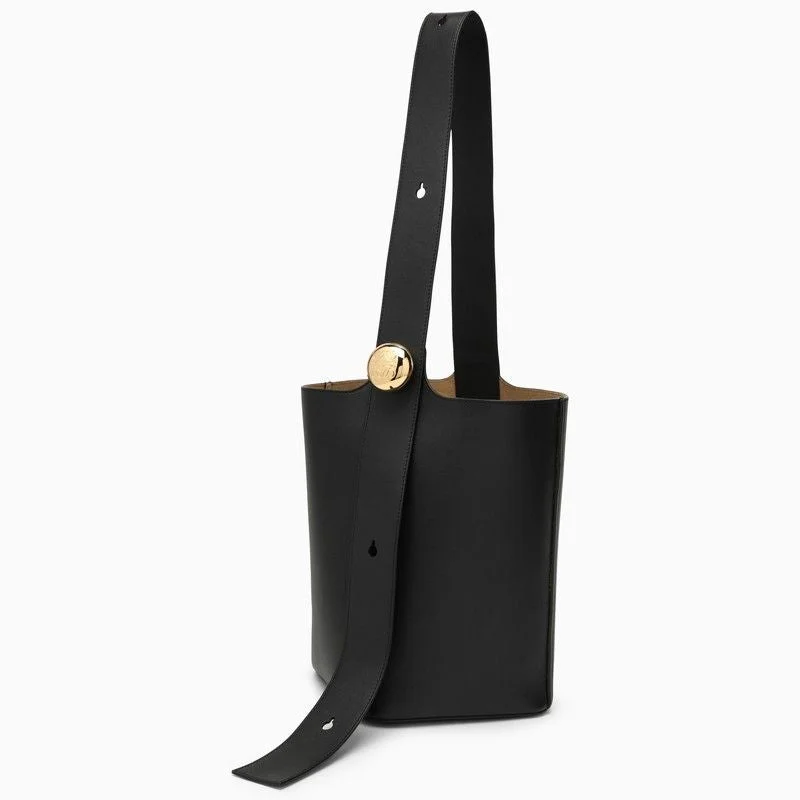 LOEWE Black Calfskin Leather Medium Bucket Handbag with Gold-Tone Accents and Adjustable Strap