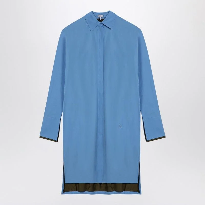 LOEWE Elegant Light Blue Cotton Asymmetrical Shirt Dress