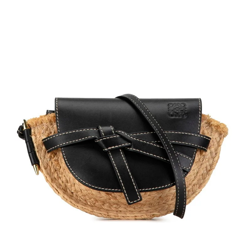 LOEWE GATE Shoulder Bag Black Beige Leather Raffia Women's