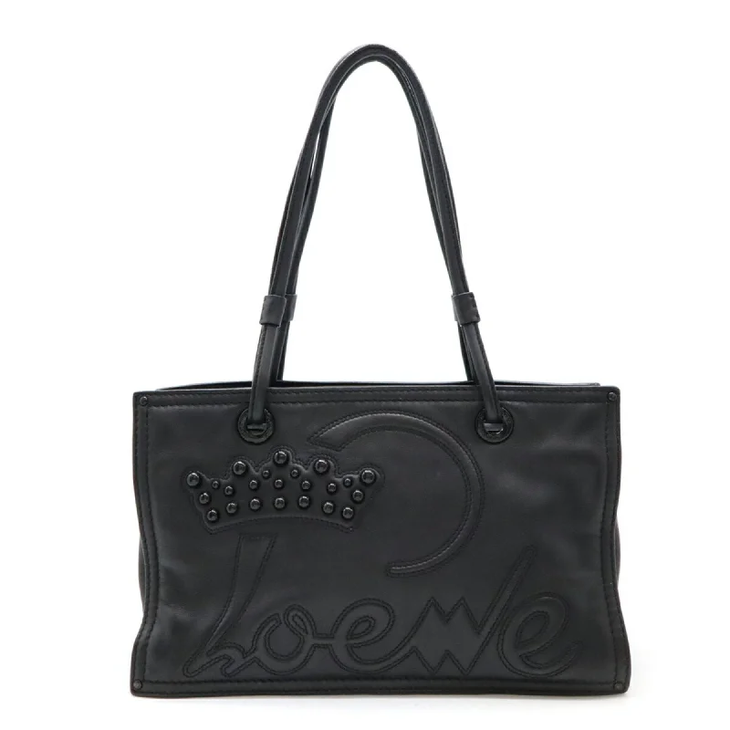 LOEWE Shopper Tote Bag Shoulder Crown Studs Leather Black