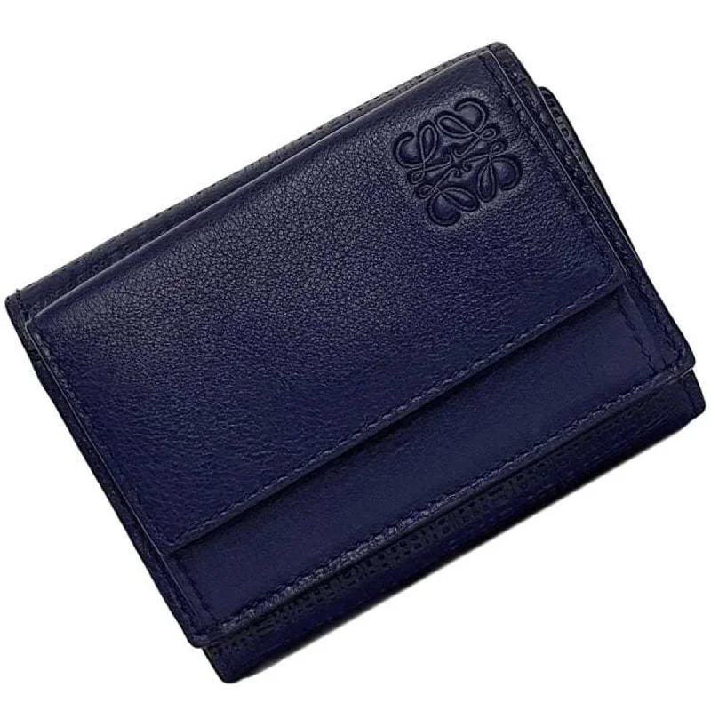 LOEWE Tri-fold Wallet Navy Repeat Anagram 101.88.S26 f-20476 Leather Grained Compact