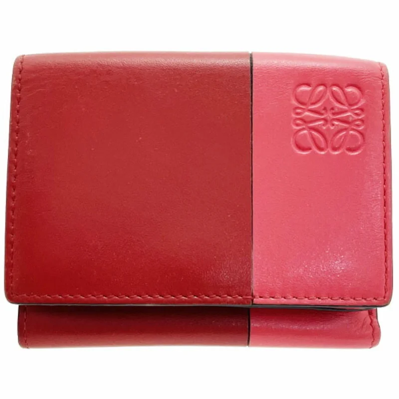 LOEWE Wallet Trifold Calf Leather Red Coral Pink 109 10 320 Anagram Bicolor Compact AA-13515